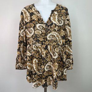 Ecote Top XS Black Brown Boho Paisley‎ Floral Babydoll Tunic Blouse UO Women's